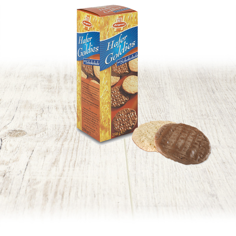 Hafer Goldies mit Schokolade - Produkt von Borggreve - Haferflokengebäck, Haferkekse, mit Schokolade, Jahresgebäcke
